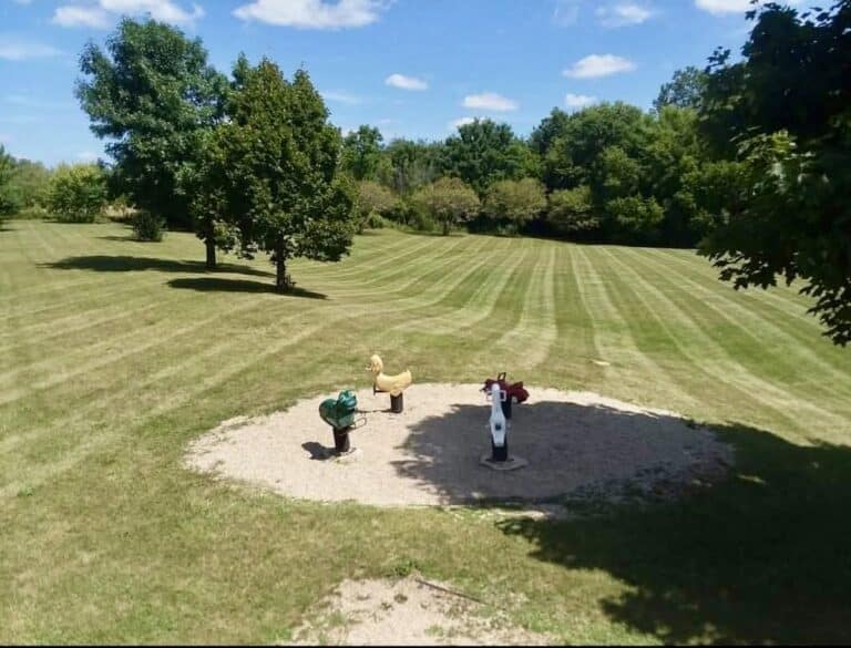 A mowed playground with kids equipment